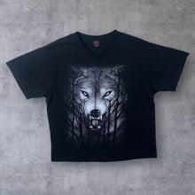 Load image into Gallery viewer, Early 00's Spiral Gothic Fantasy Wolf Graphic Black V-Neck T-Shirt
