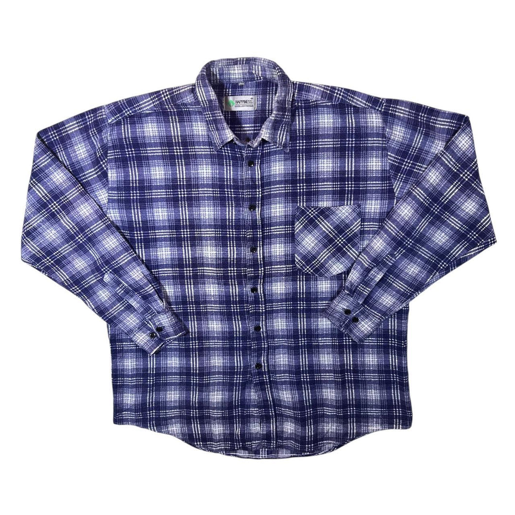 Vintage Happiness Blue White Plaid Check Long Sleeve Cotton Flannel Shirt