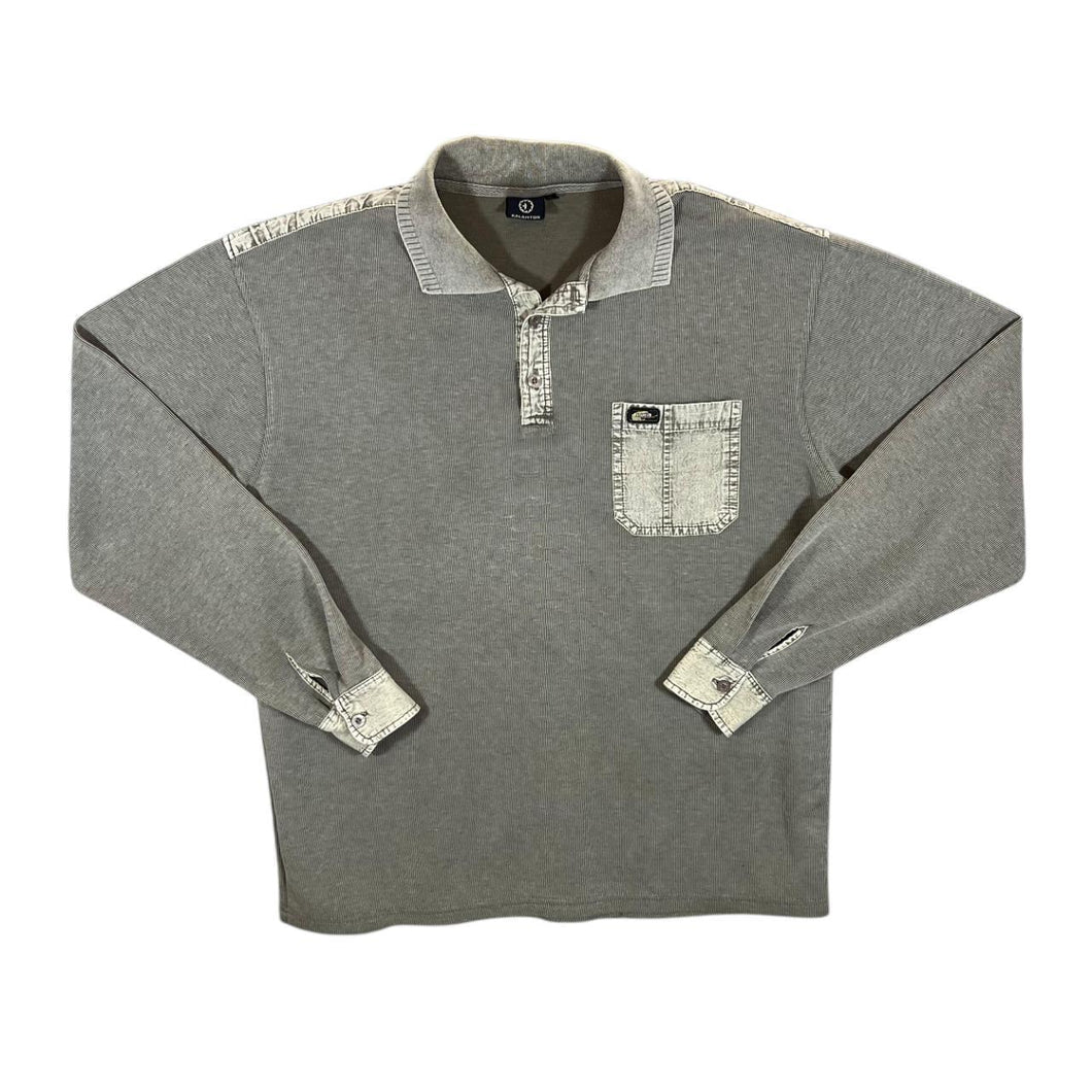 KALAMTON Stonewash Trim Khaki-Grey Cotton Elastane Long Sleeve Polo Shirt