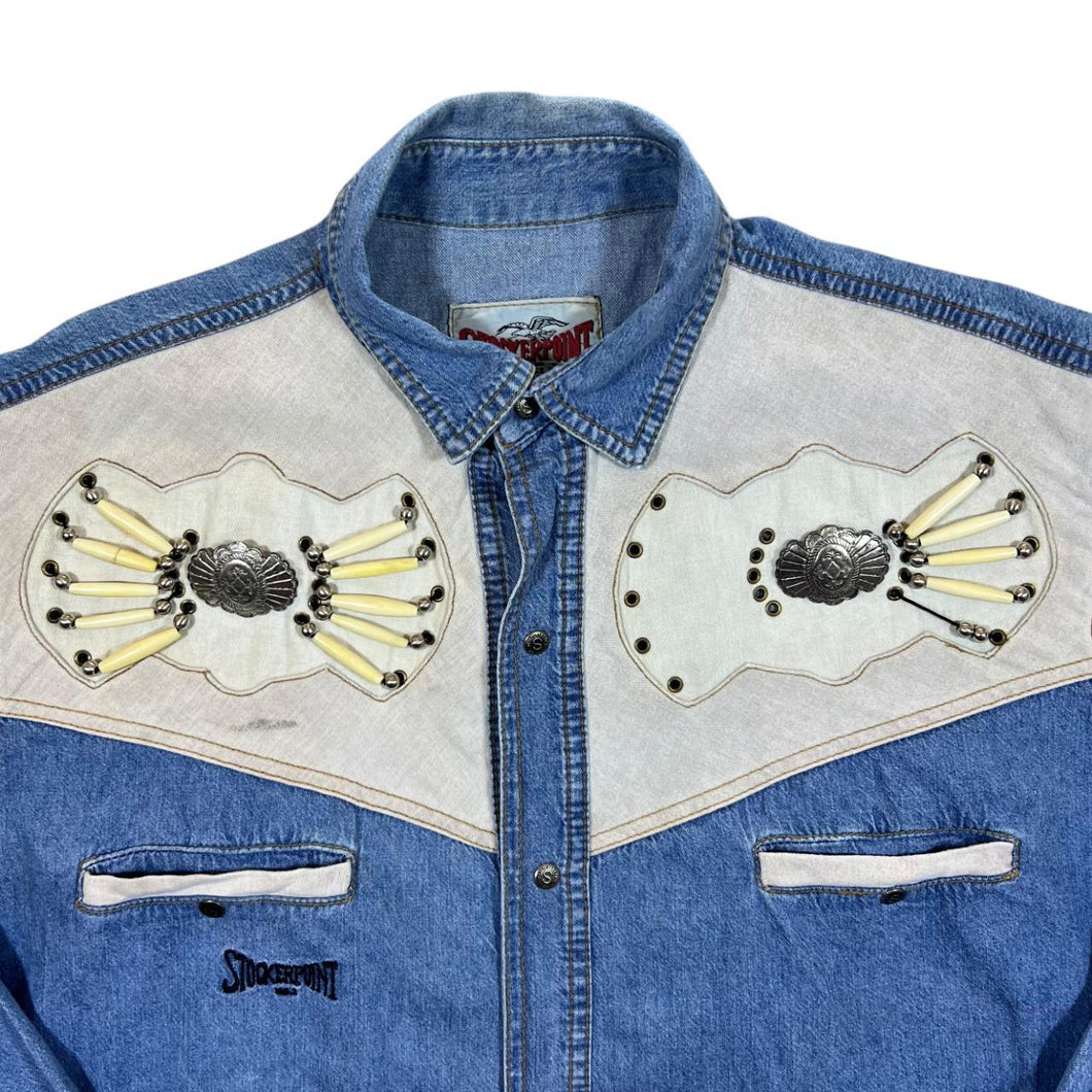 Vintage Stockerpoint Cowboy Western Blue Denim Long Sleeve Cotton Popper Shirt