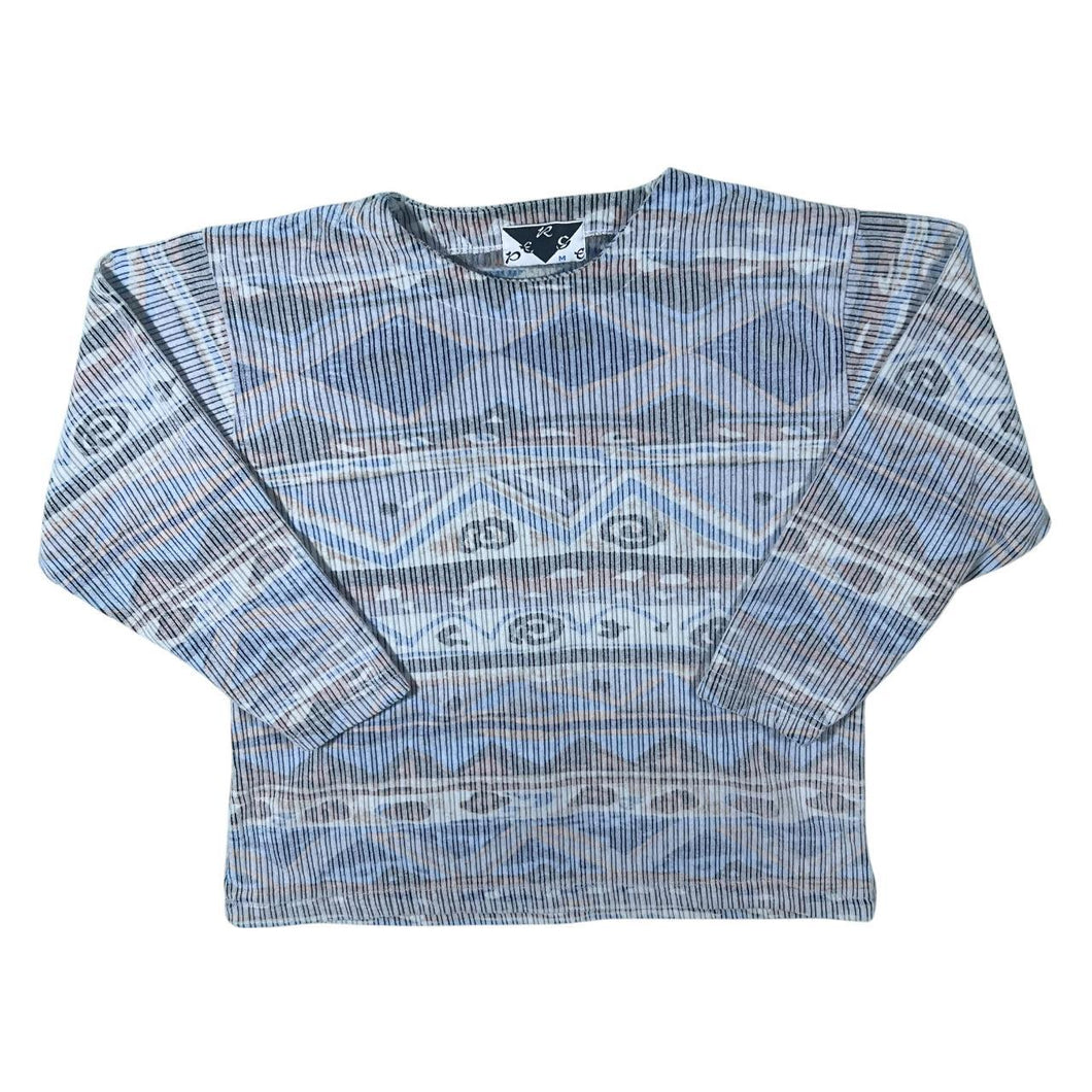 Vintage Perge Aztec Crazy Patterned Striped Long Sleeve Towelling-Style T-Shirt Top