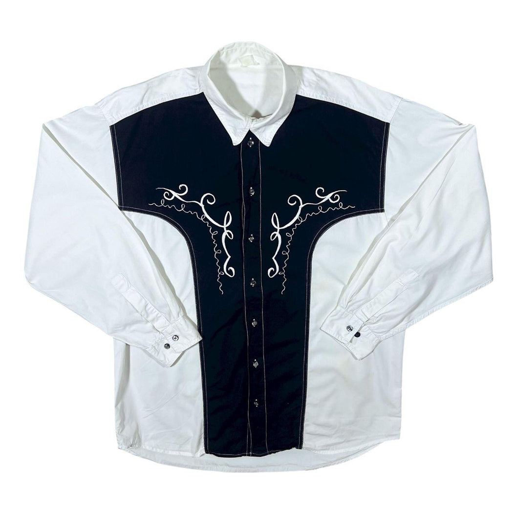 Vintage Embroidered Cowboy Western White Black Cotton Long Sleeve Shirt