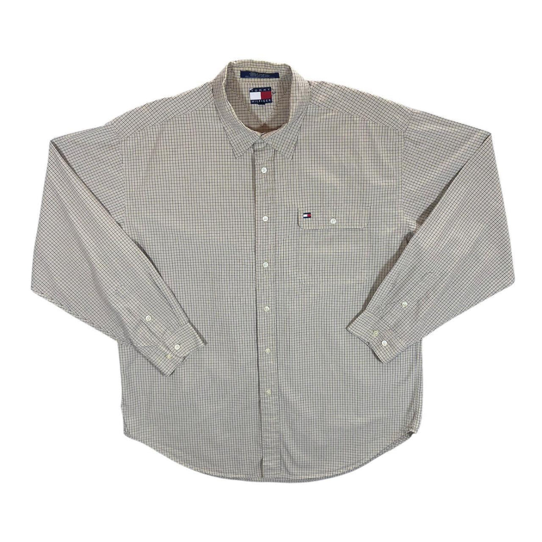 Vintage TOMMY HILFIGER Beige Blue Check Long Sleeve Button-Up Shirt