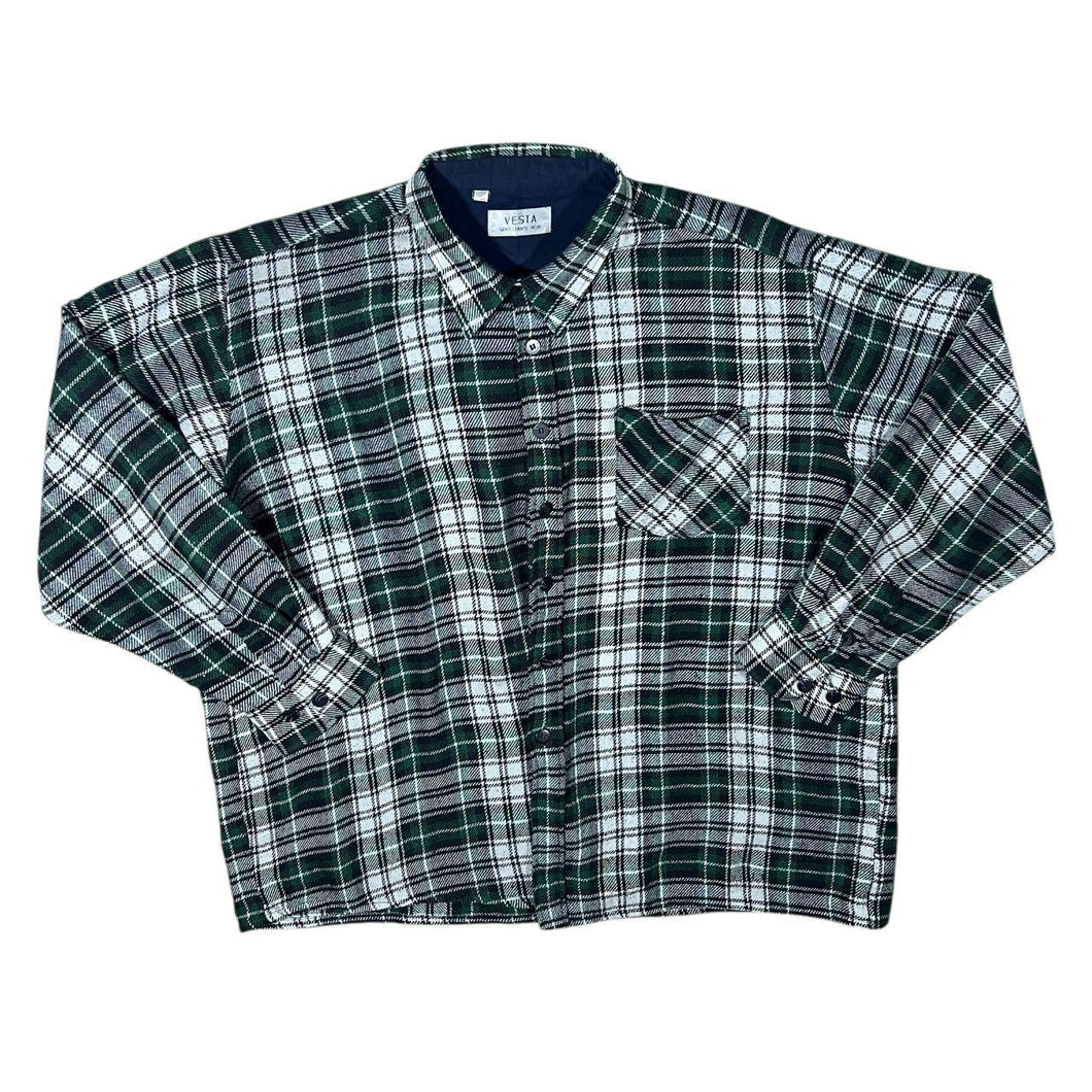 Vintage Vesta Green Black White Plaid Check Long Sleeve Flannel Shirt