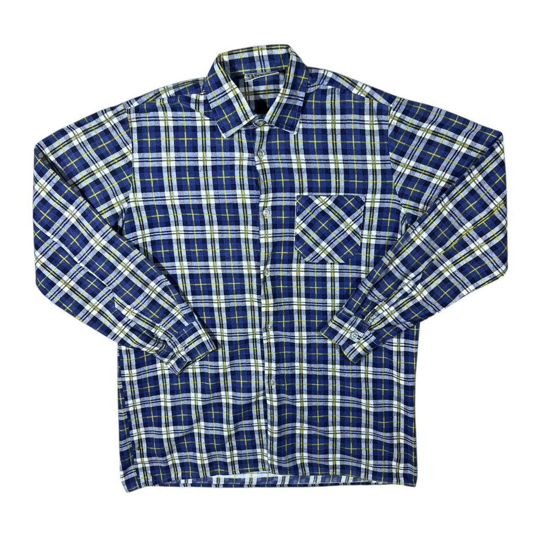 Vintage Triola Blue White Yellow Plaid Check Cotton Long Sleeve Flannel Shirt