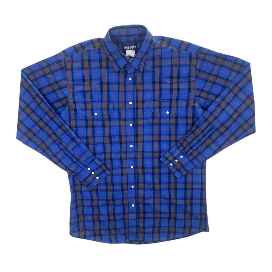 Vintage Wrangler Cowboy Western Plaid Check Pearl Snap Popper Long Sleeve Shirt