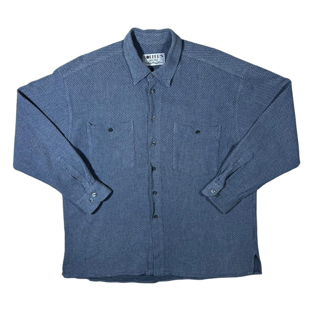 Vintage 90's Golfer's Waffle Effect Grey Blue Long Sleeve Cotton Shirt