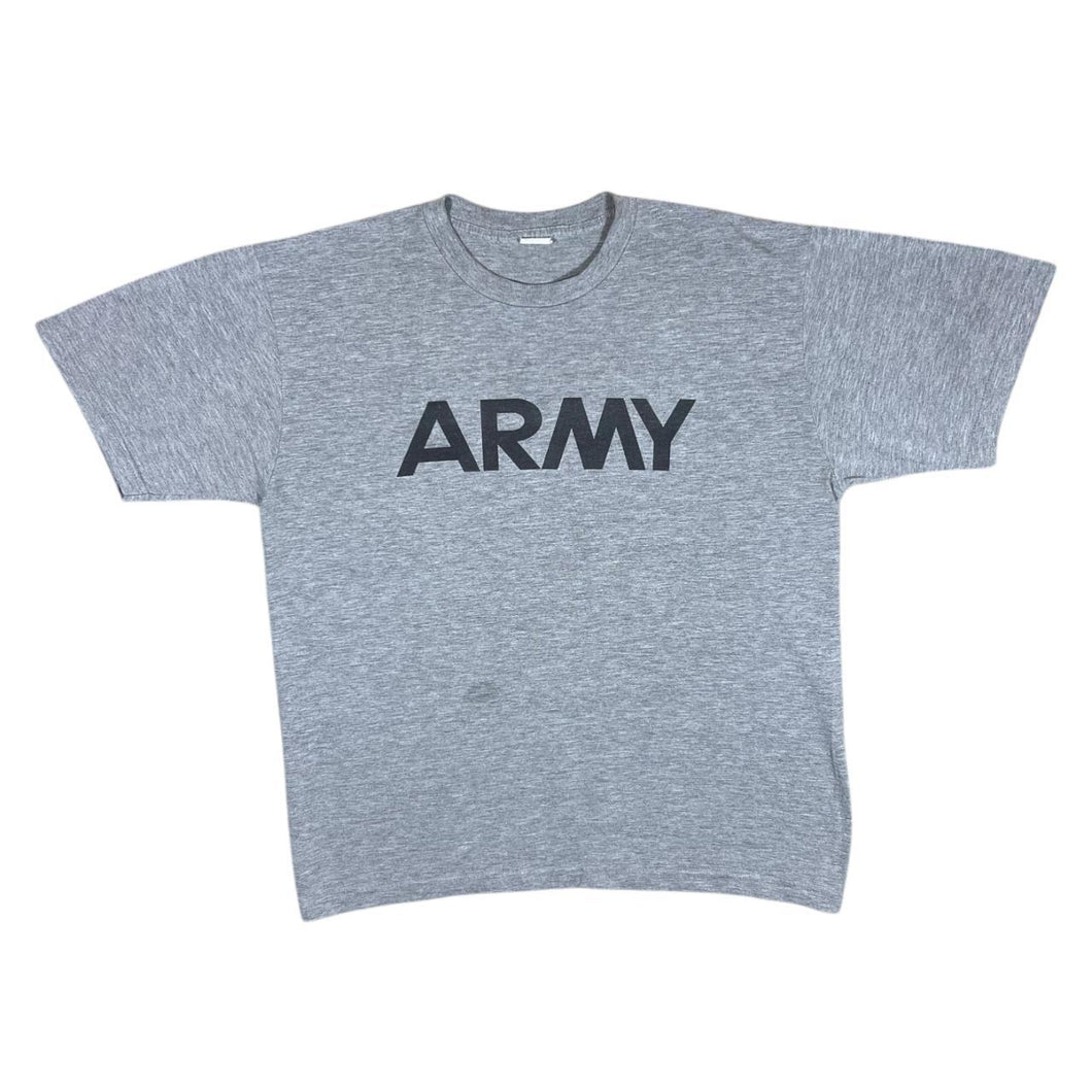 Vintage Akwa Tek ARMY Made In USA Logo Spellout Graphic Grey T-Shirt