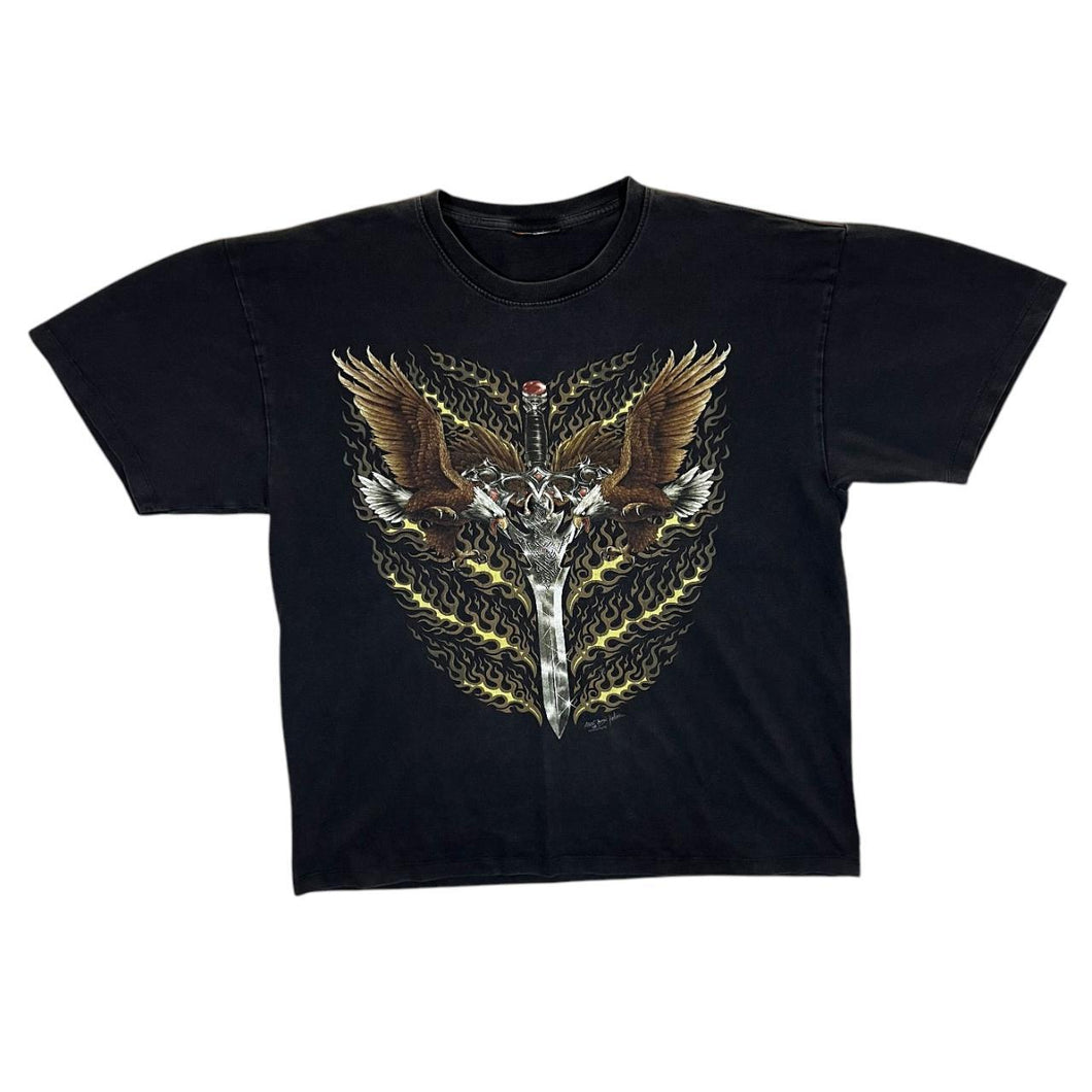 ROCK CHANG Gothic Fantasy Biker Eagle Sword Graphic Black T-Shirt