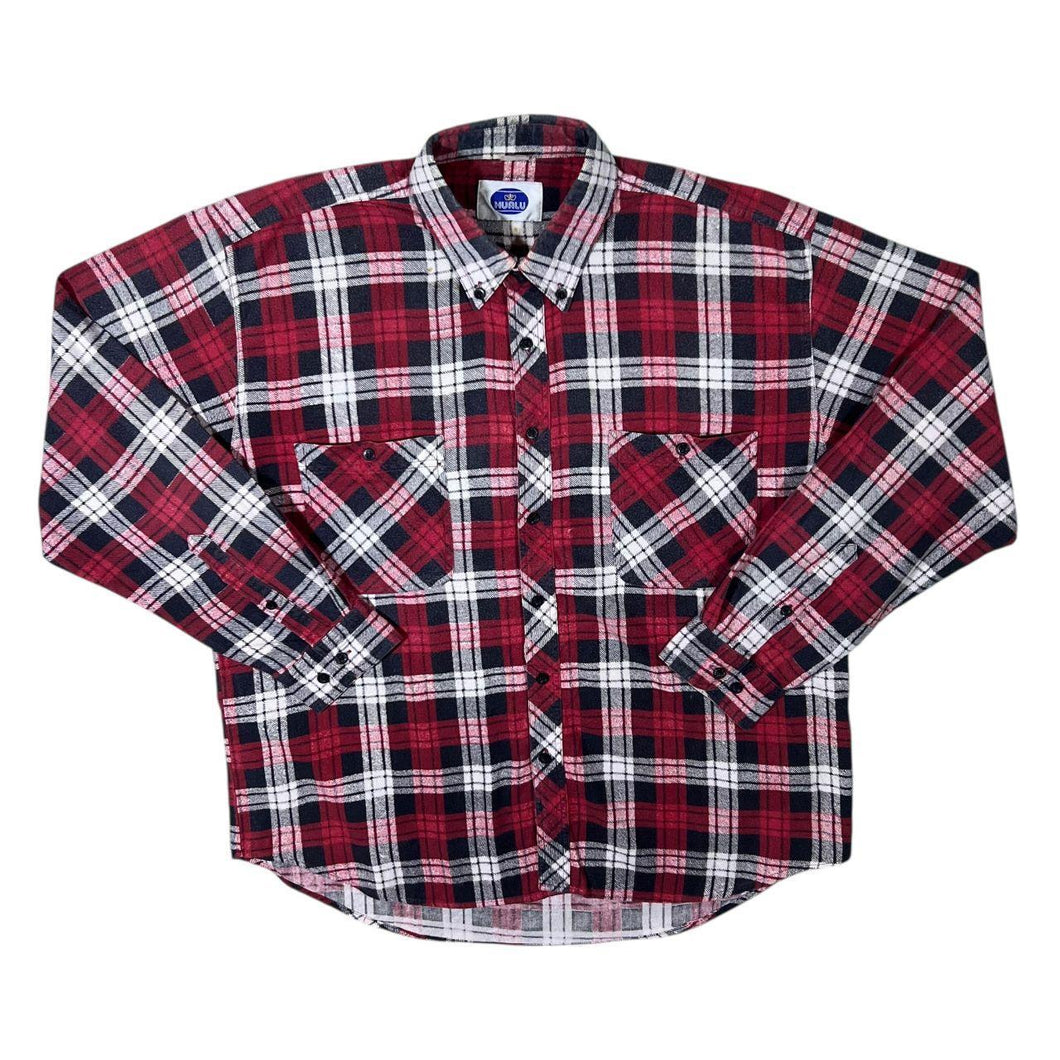 Vintage Hualu Red Grey White Plaid Check Long Sleeve Flannel Button-Up Shirt