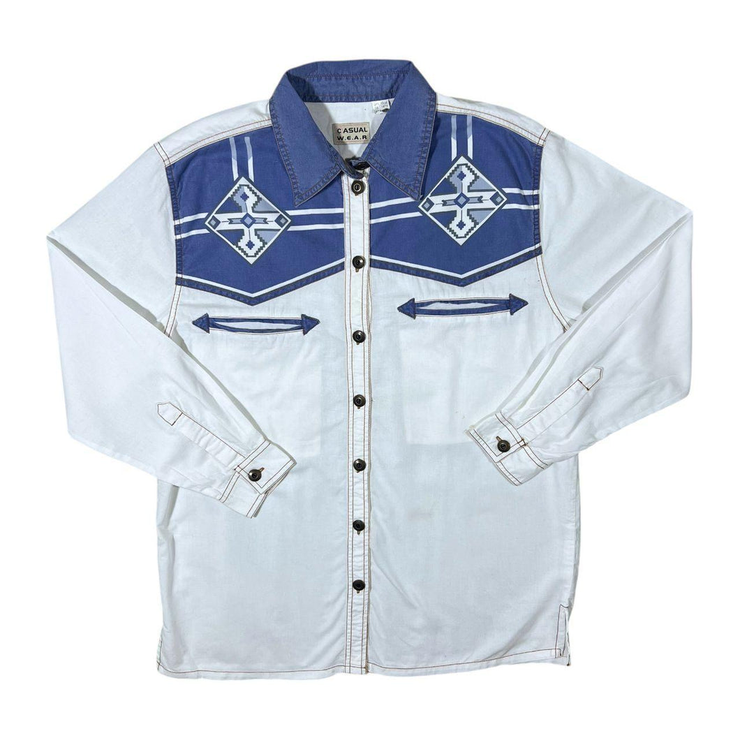 Vintage Casual Wear Cowboy Western White Blue Cotton Long Sleeve Shirt