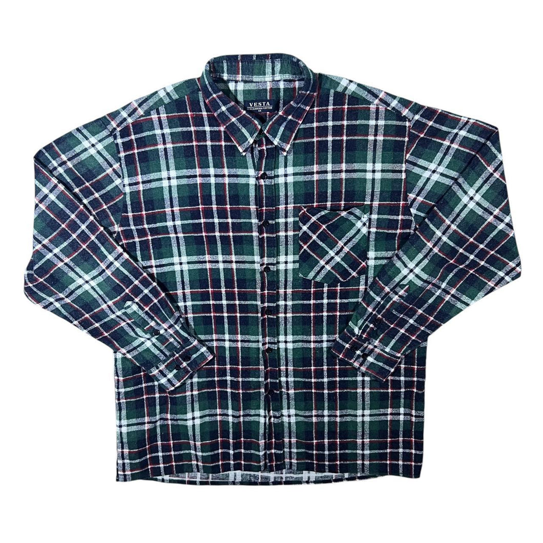 Vintage Vesta Green Black Plaid Check Long Sleeve Cotton Flannel Shirt