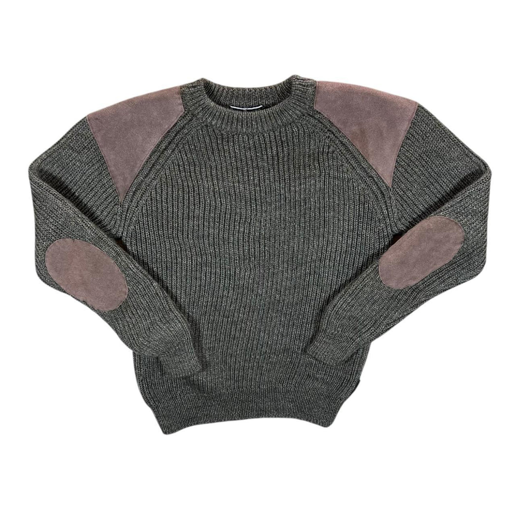 Vintage Woolovers Green British Wool Suede Patch Fisherman Knit Jumper