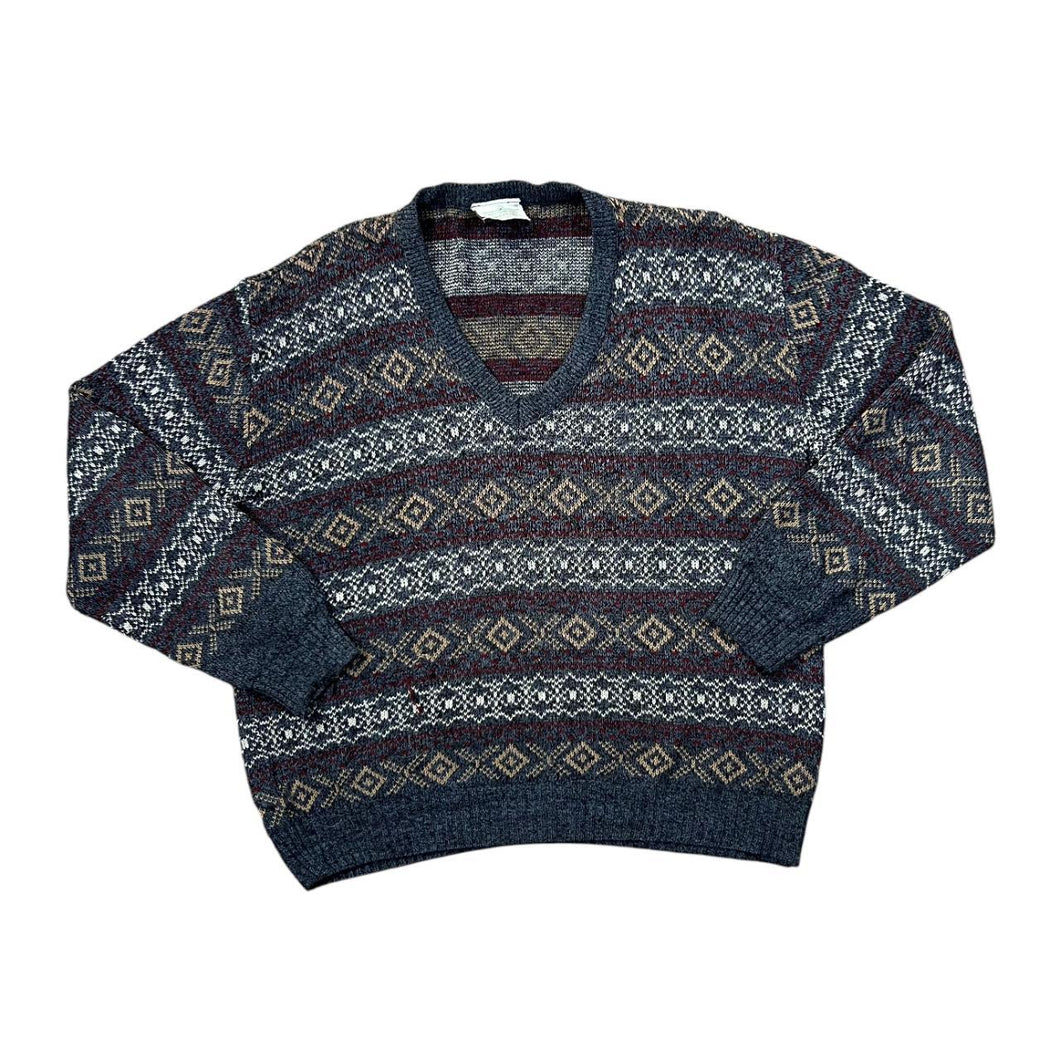 Vintage 90's GREENWOODS Made In Britain Grandad Patterned Acrylic Knit V-Neck Sweater Jumper