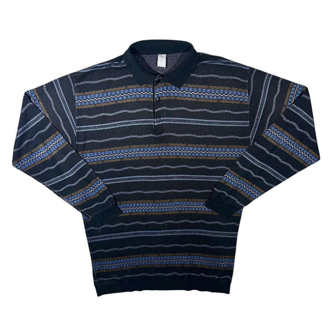 Vintage 90's Crazy Abstract Patterned Black Brown Blue Long Sleeve Polo Shirt