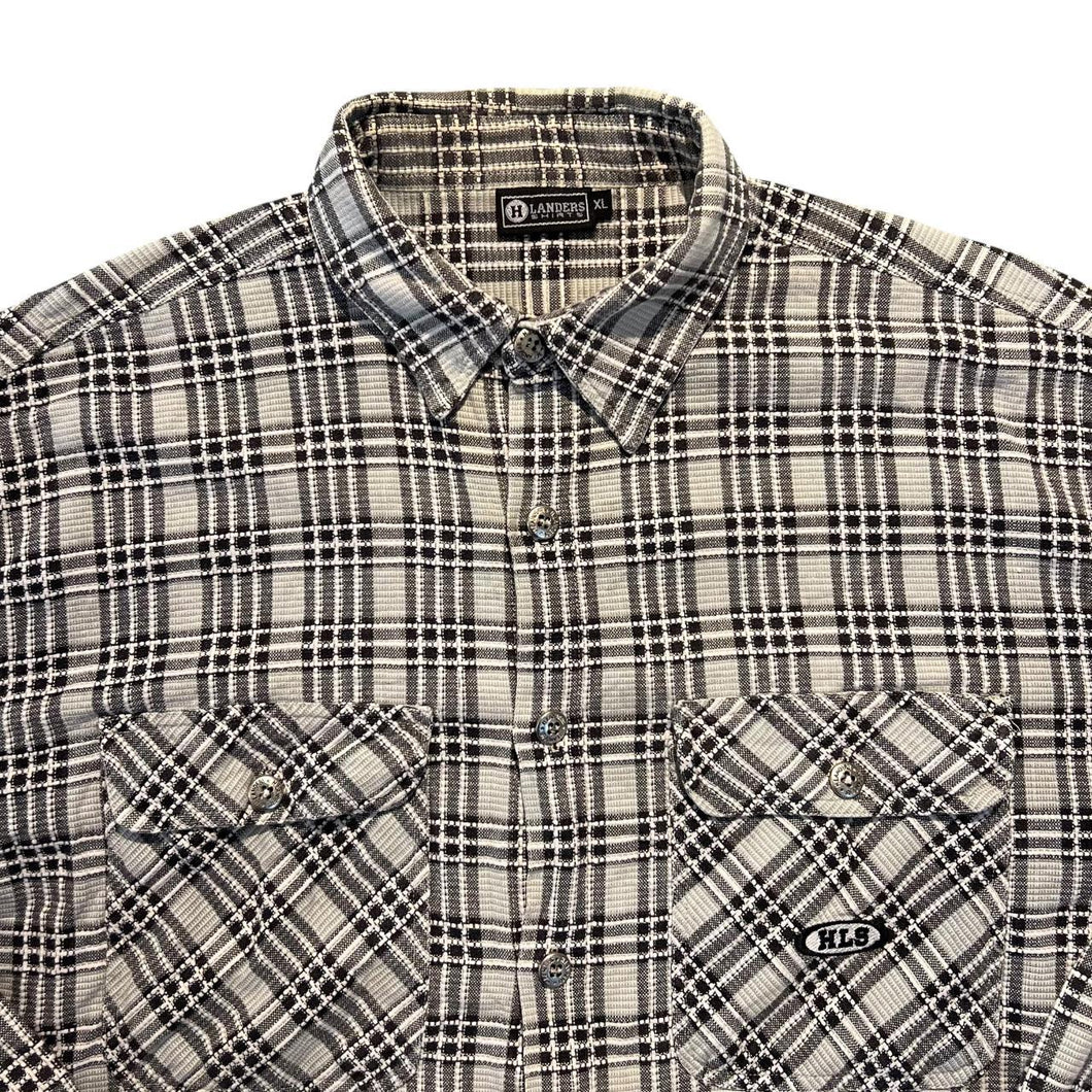 Vintage H Landers Shirts Grey Black White Plaid Check Long Sleeve Flannel Cotton Shirt