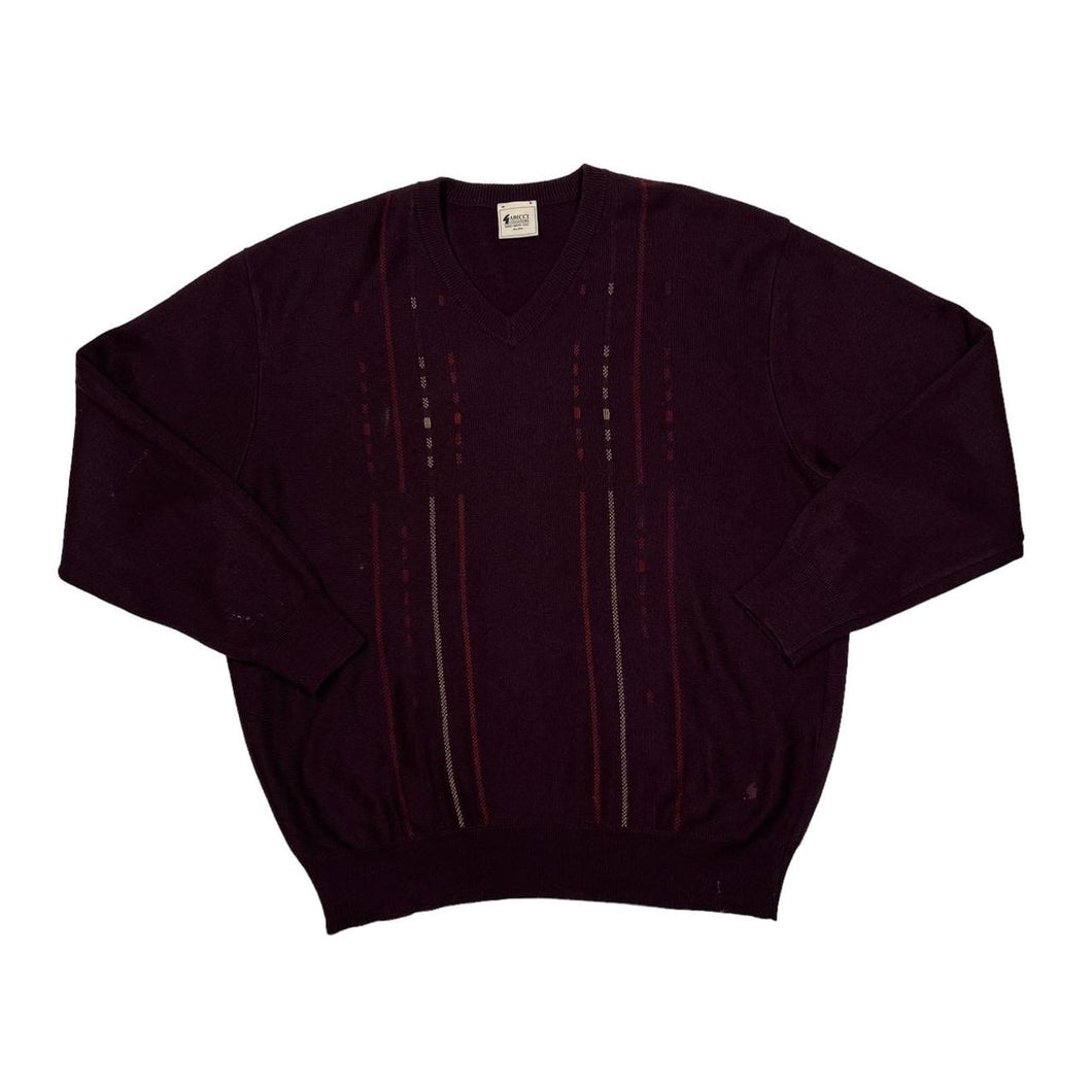 Vintage GABICCI Patterned Grandad Acrylic Wool V-Neck Knit Sweater Jumper