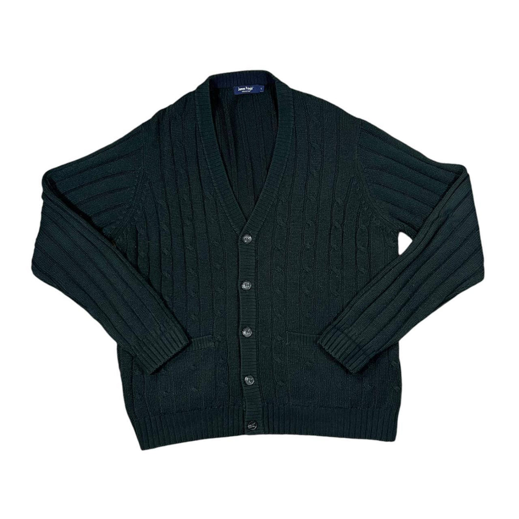 Early 00's JAMES PRINGLE Classic Acrylic Cable Knit Dark Green Button Cardigan Sweater Jumper