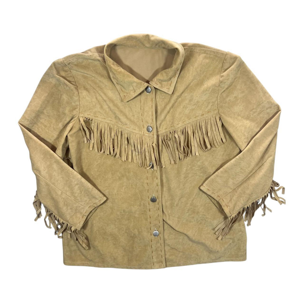 Suede Effect Cowboy Western Tan Light Brown Tasselled Long Sleeve Shirt