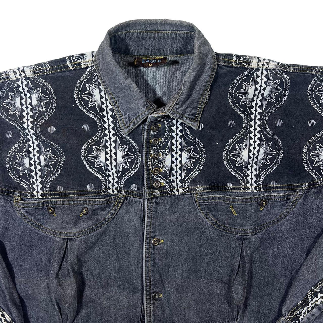 Vintage Eagle Cowboy Western Patterned Panel Grey Denim Long Sleeve Shirt