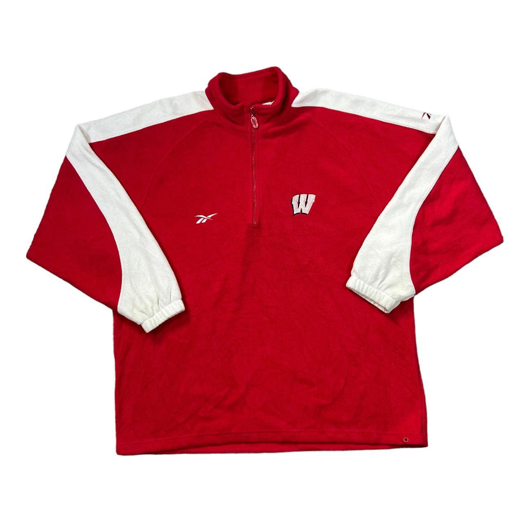 Vintage REEBOK NCAA Wisconsin Badgers Embroidered College Logo 1/2 Zip Pullover Fleece Sweatshirt