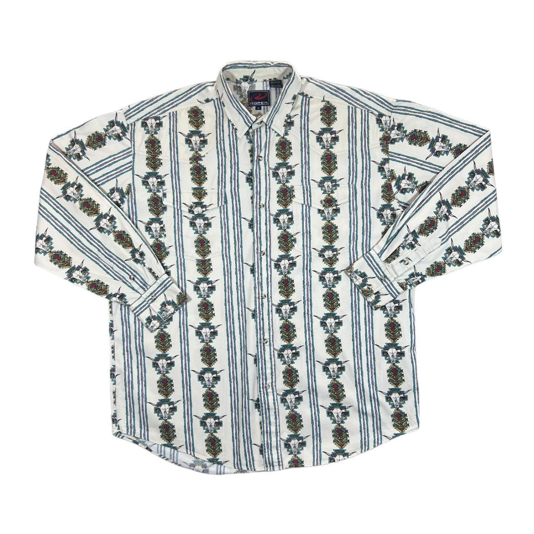 Vintage 90's ROPER Cowboy Western Native American Aztec Patterned Long Sleeve Cotton Shirt