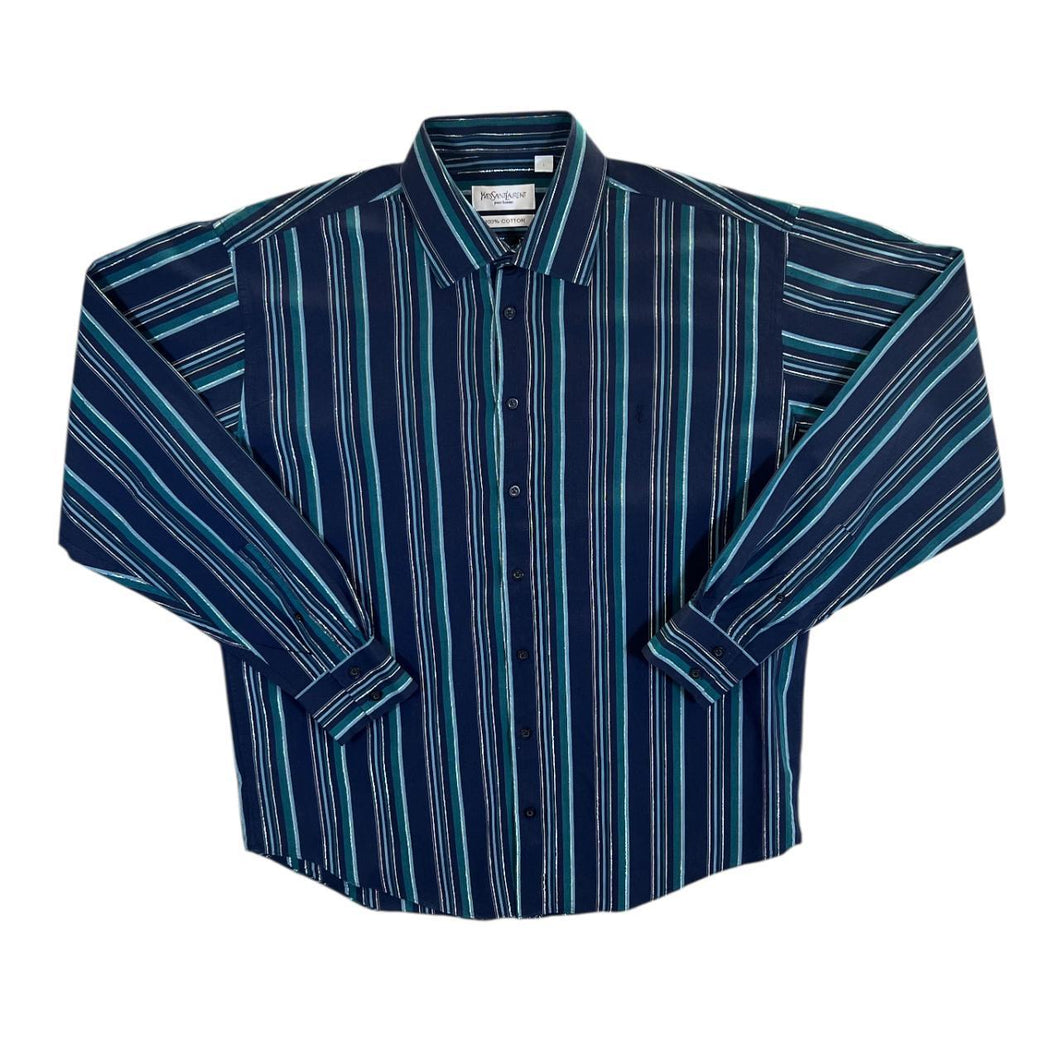 Vintage YSL Yves Saint Laurent Blue Multi Striped Long Sleeve Cotton Dress Shirt
