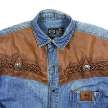 Load image into Gallery viewer, Vintage C&amp;A Cowboy Western Leather Panel Blue Denim Popper Long Sleeve Shirt

