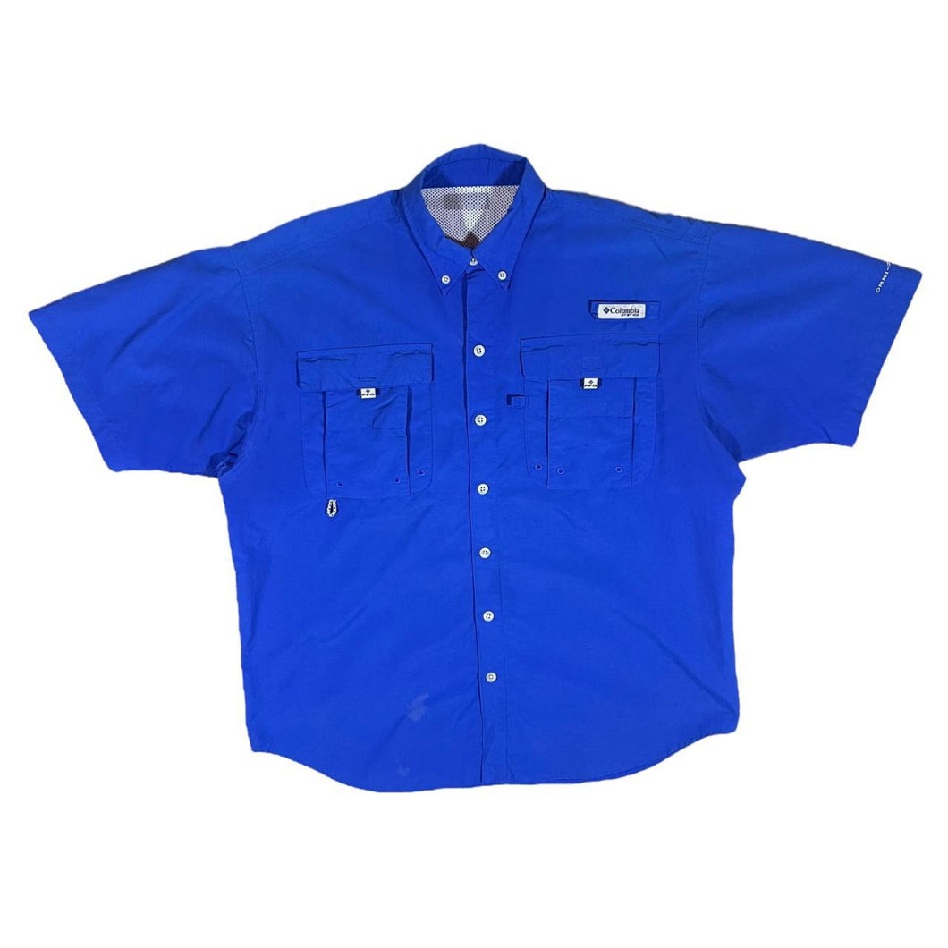 Early 00's COLUMBIA PFG Fishing Tactel Nylon Blue Short Sleeve Button-Up Shirt