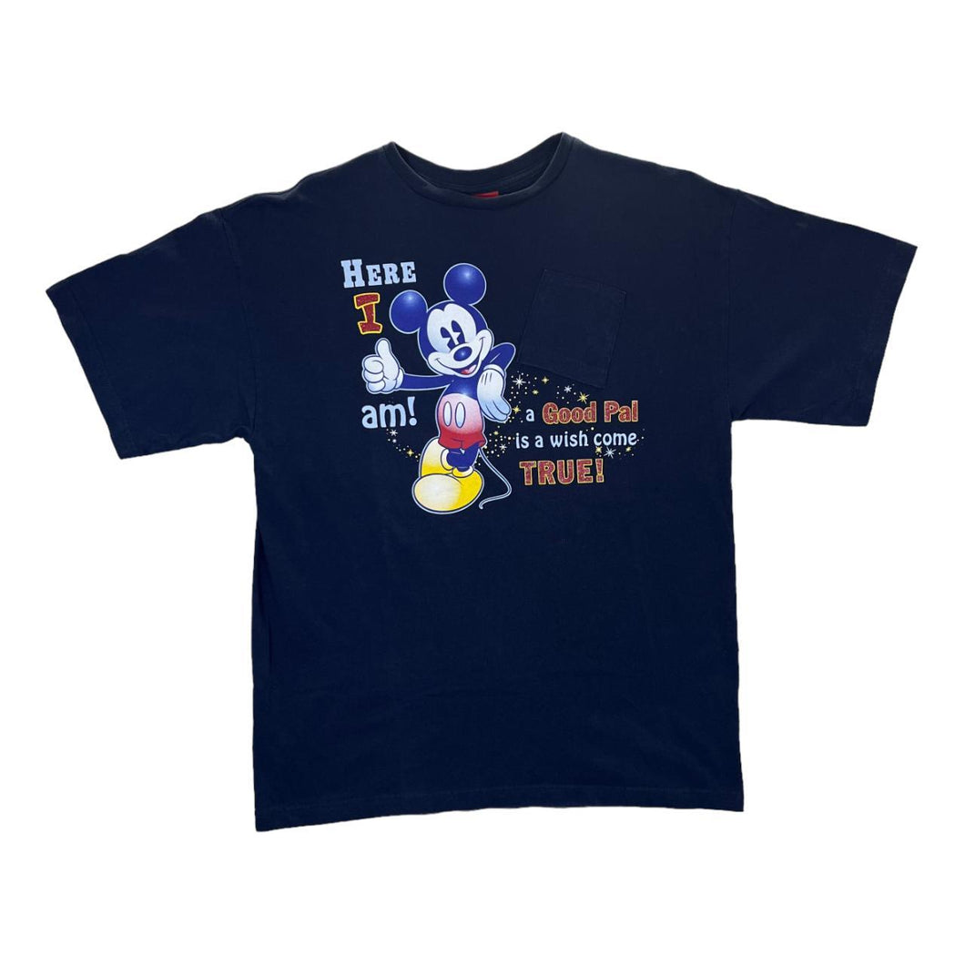 Vintage Disney Jerry Leigh HERE I AM Mickey Mouse Spellout Graphic Navy Blue T-Shirt