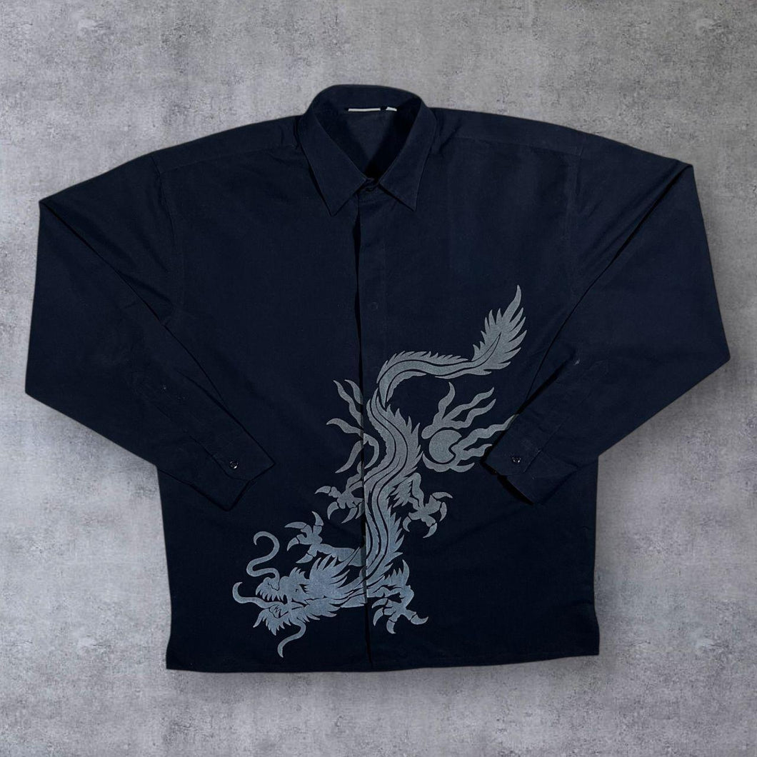 Early 00's Identic Gothic Y2K Dragon Concealed Button Black Long Sleeve Shirt