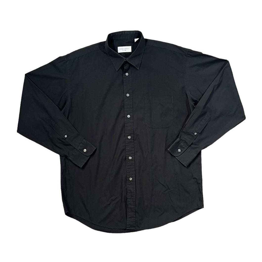 Early 00's YSL YVES SAINT LAURENT Embroidered Mini Pocket Logo Black Long Sleeve Cotton Shirt