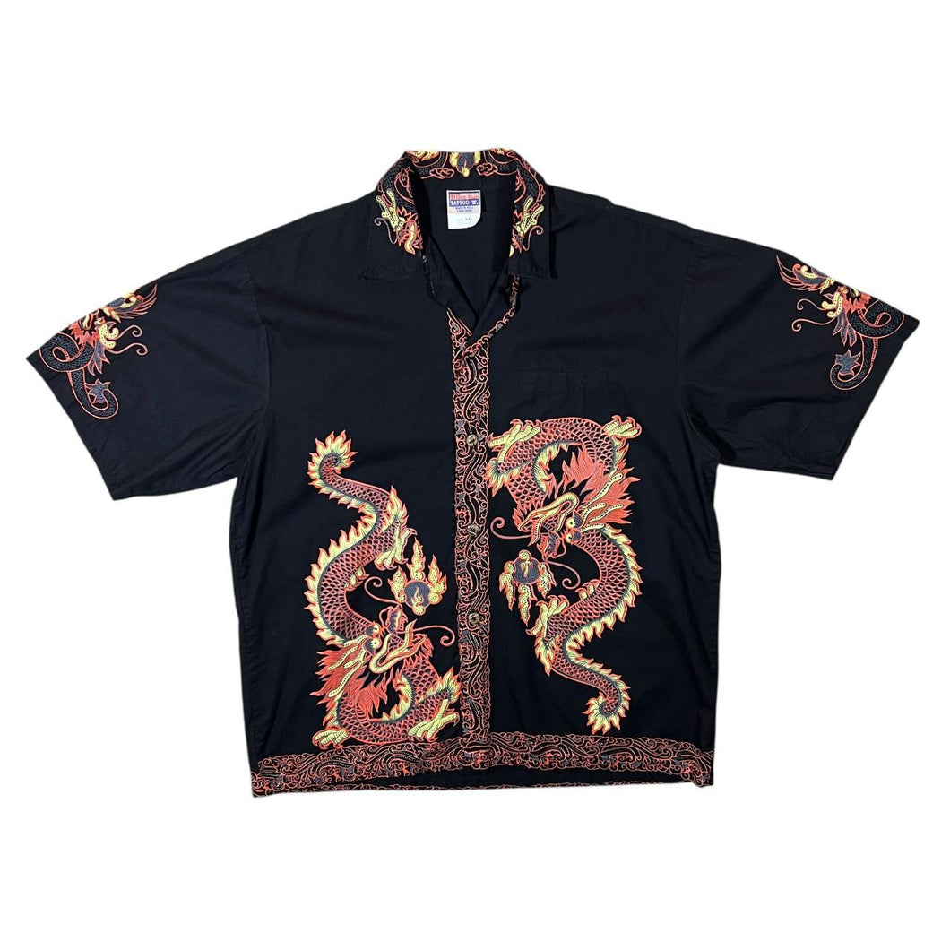 Early 00's Ice Blue Tattoo Y2K Gothic Dragon Print Short Sleeve Shirt