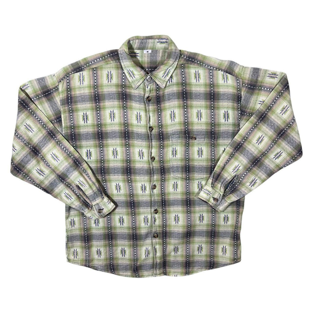 Vintage Aztec Patterned Green Check Cotton Flannel Long Sleeve Shirt