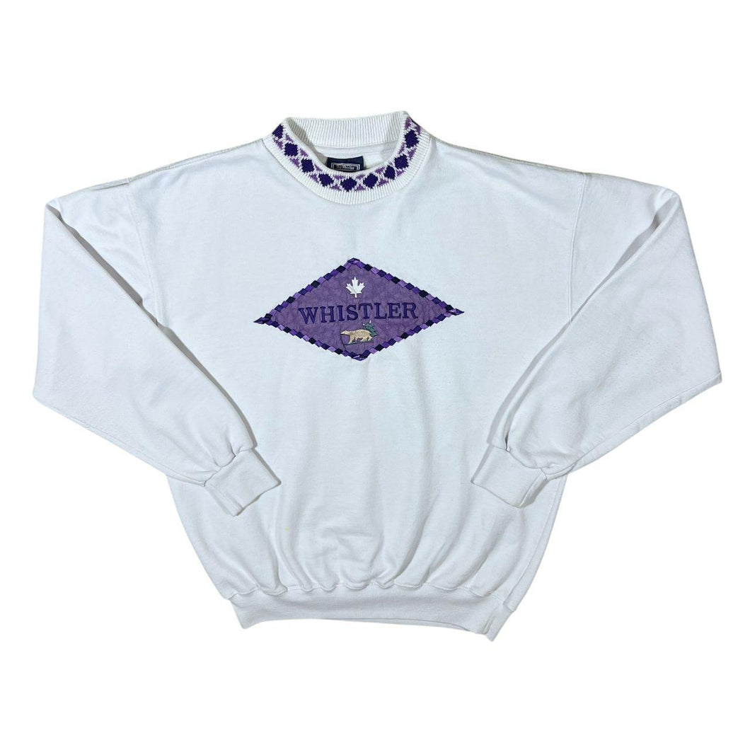 Vintage Whistler Embroidered Spellout Patterned Collar White Crewneck Sweatshirt