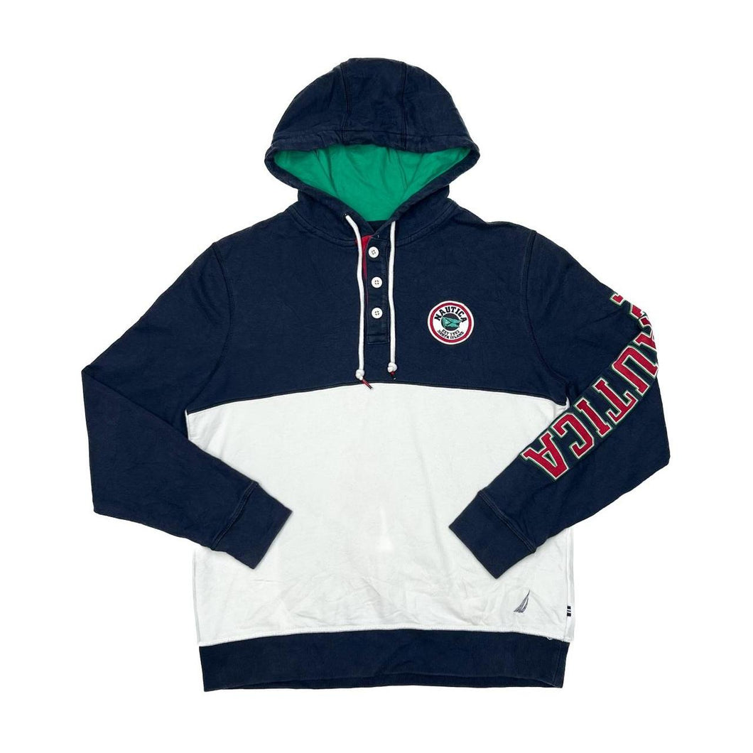 Early 00’s NAUTICA Colour Block Embroidered Spellout 1/4 Button Pullover Hoodie