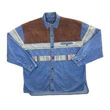 Load image into Gallery viewer, Vintage 90&#39;s C&amp;A Faux Leather Panel Western Cowboy Style Long Sleeve Blue Denim Shirt
