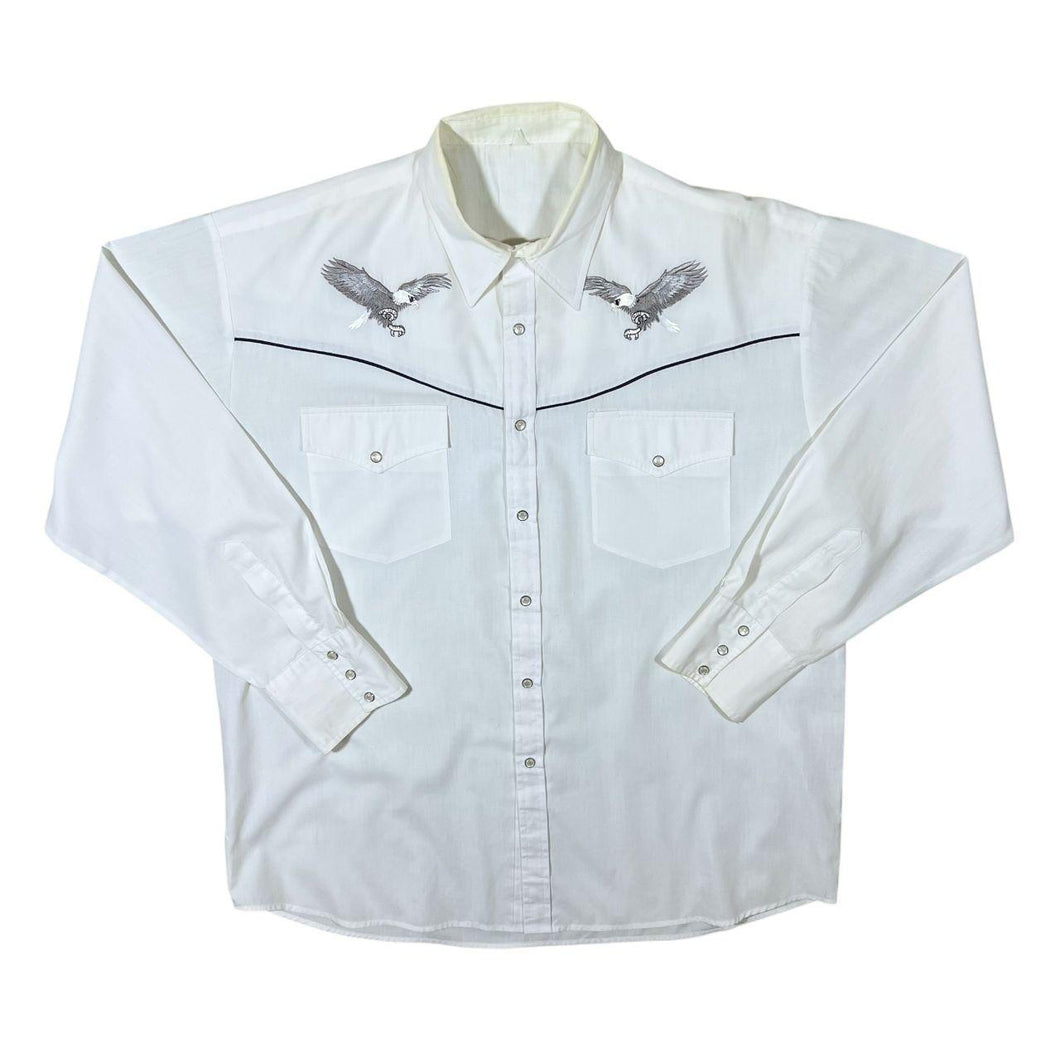 Vintage Cowboy Western Embroidered Eagle White Pearl Snap Popper Long Sleeve Shirt