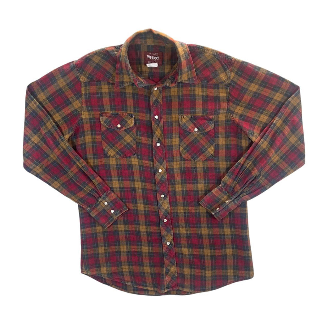 Vintage 90's Wrangler Western Pearl Snap Plaid Check Flannel Cotton Long Sleeve Shirt