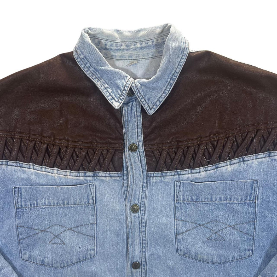 Vintage Cowboy Western Brown Leather Panel Blue Denim Popper Long Sleeve Shirt