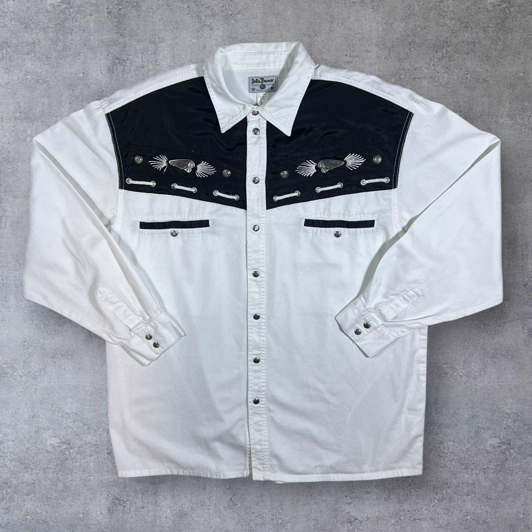 Vintage John Baner Cowboy Western Metal Native American Motif Popper Long Sleeve Shirt