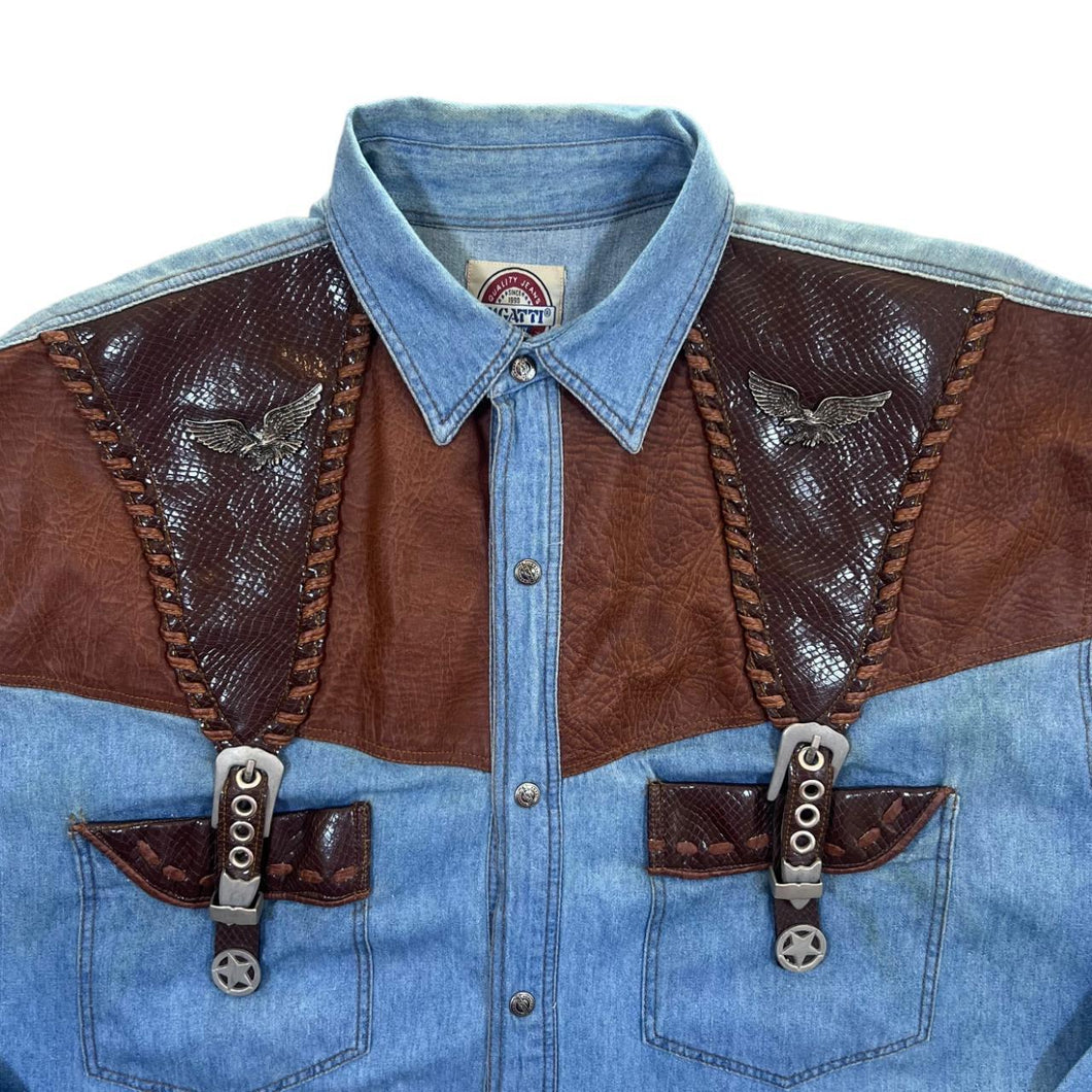 Vintage Bugatti Company Cowboy Western Blue Denim Popper Long Sleeve Shirt