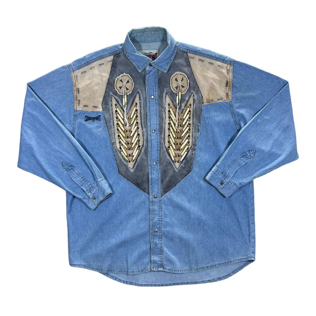 Vintage STOCKERPOINT Beaded Cowboy Western Style Long Sleeve Blue Denim Shirt