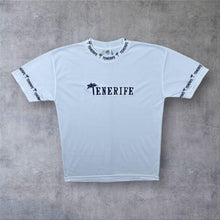 Load image into Gallery viewer, Early 00’s Tenerife Embroidered Souvenir Spellout Trim Poly Cotton White T-Shirt

