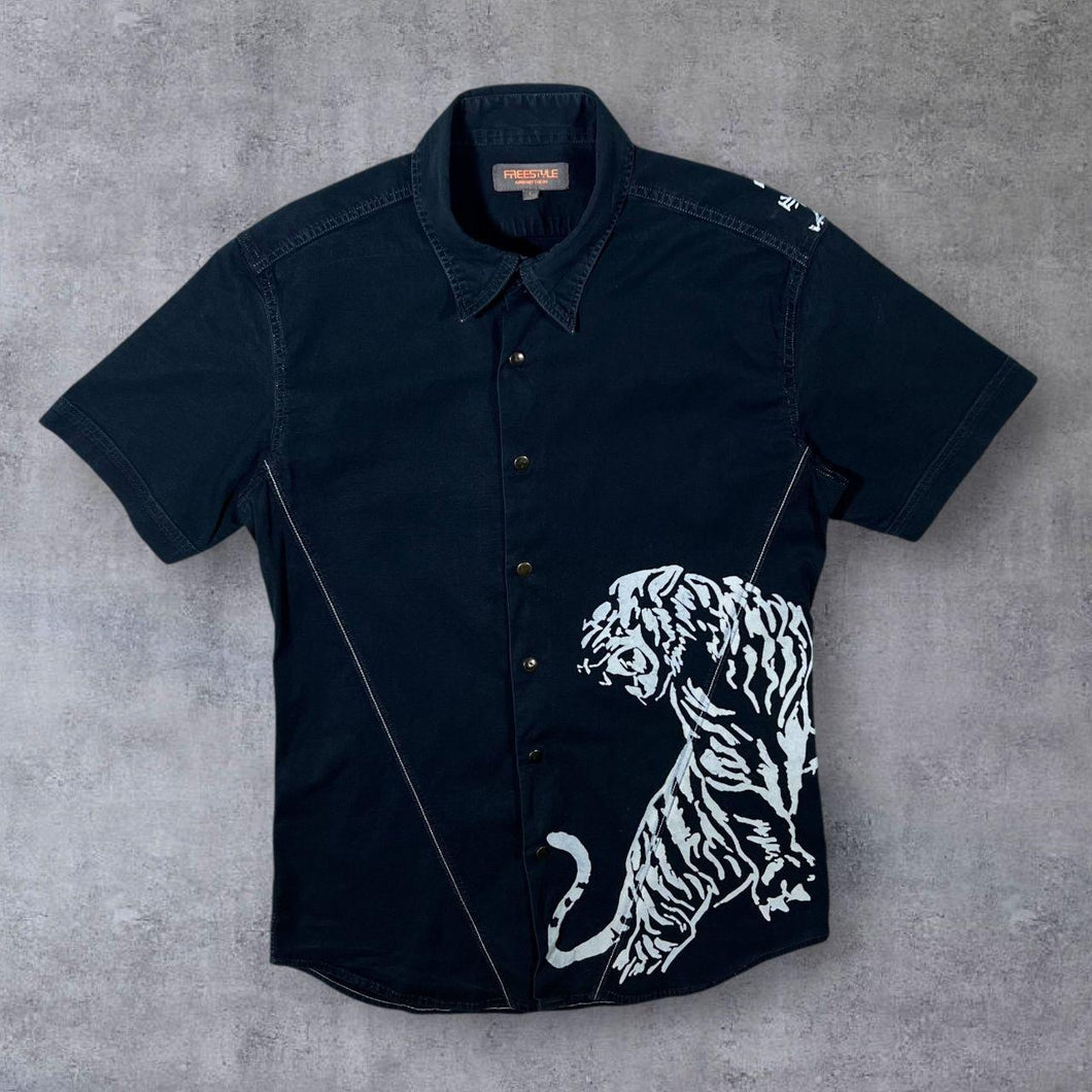 Early 00's Freestyle Armand Thiery Y2K Tiger Black Popper Short Sleeve Shirt