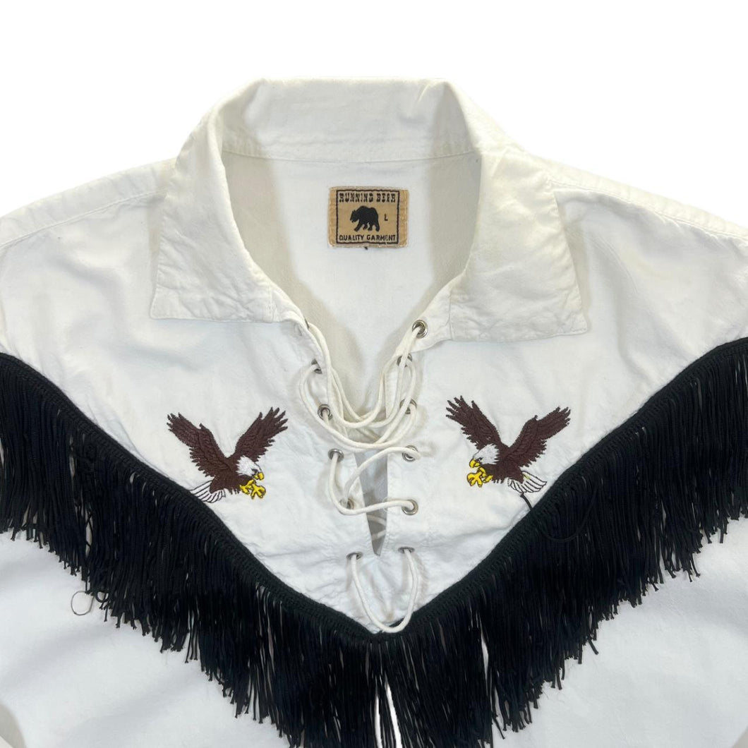 Vintage Running Bear Embroidered Eagle Cowboy Western Tassel Lace-Up Smock Shirt