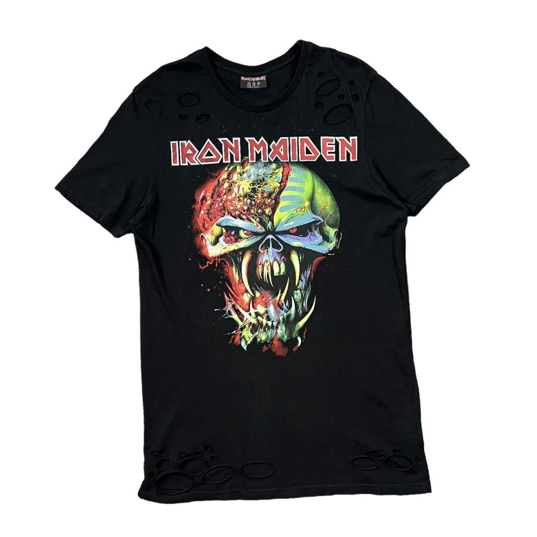 IRON MAIDEN Classic Skull Logo Spellout Graphic Heavy Metal Band Distressed Effect T-Shirt
