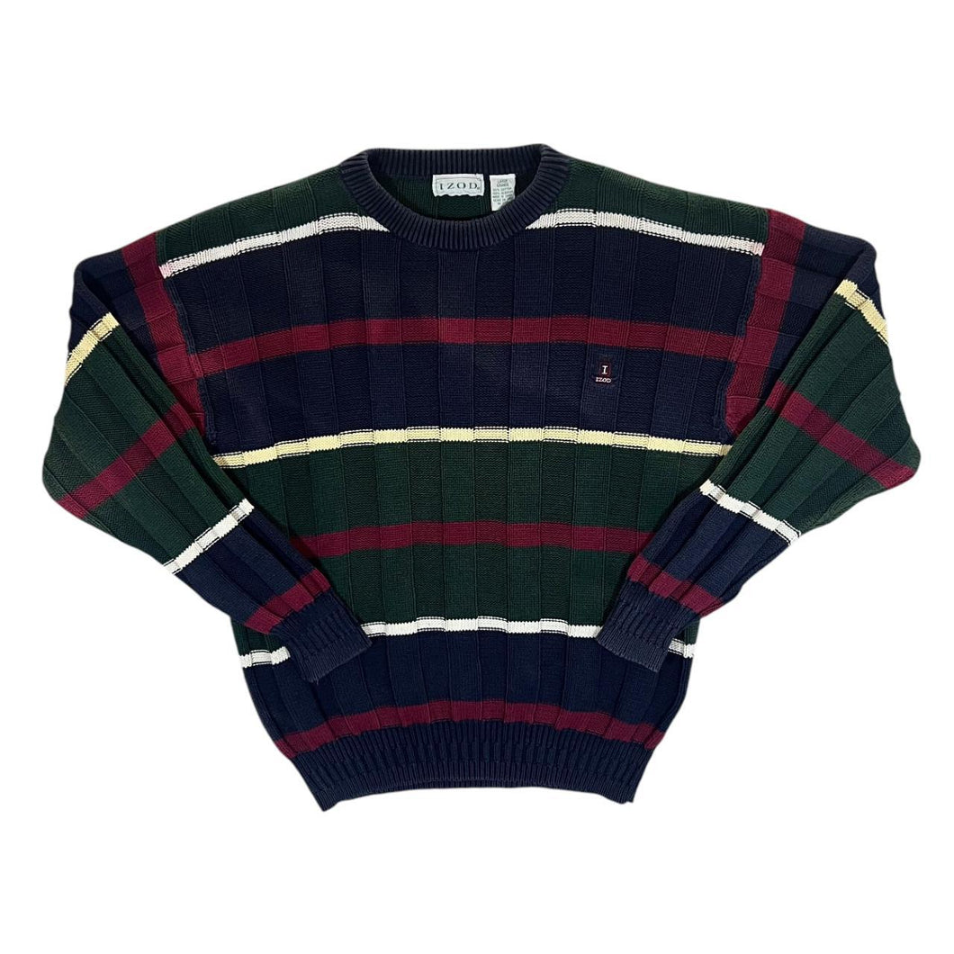 Vintage IZOD Embroidered Mini Logo Multi Colour Striped Cotton Knit Sweater Jumper
