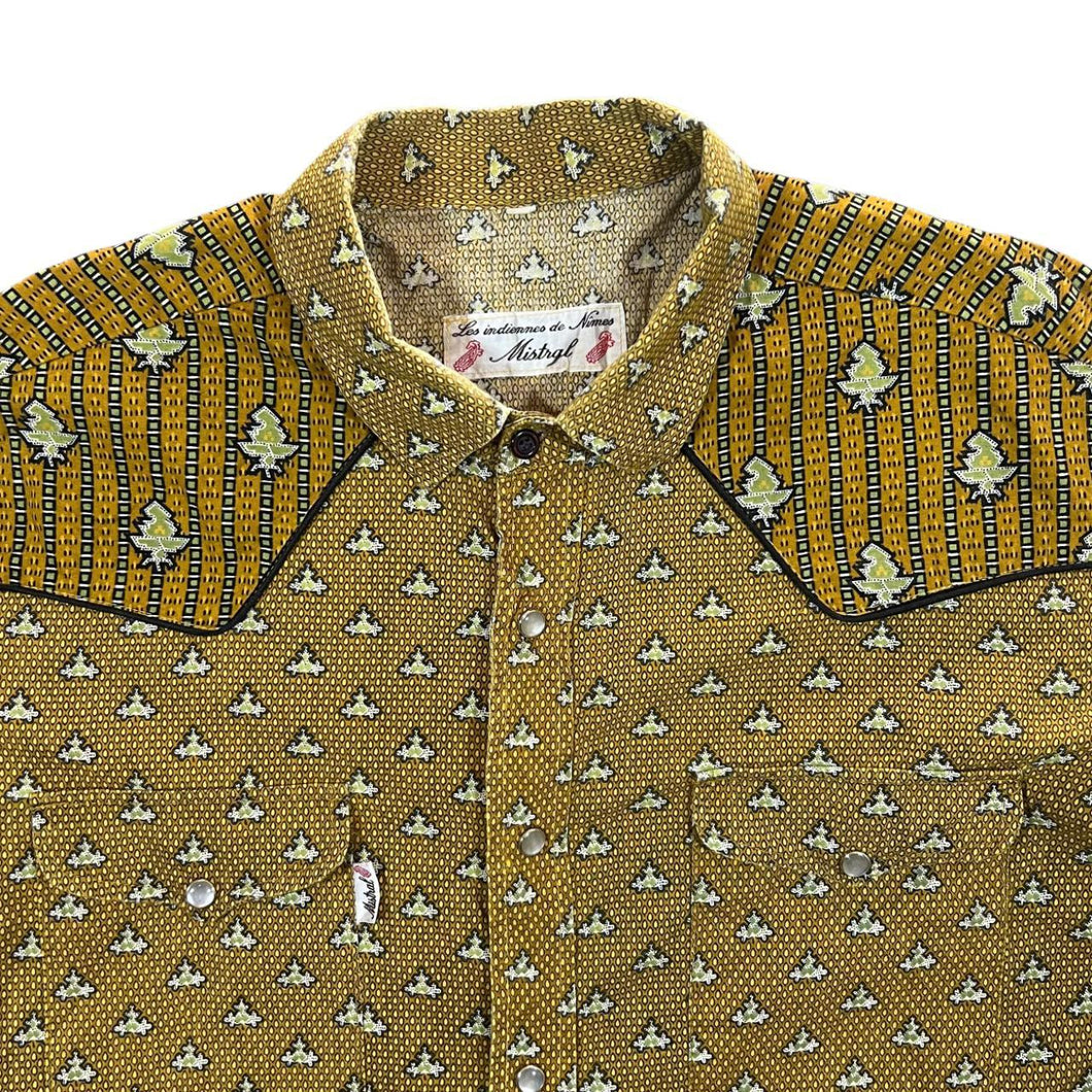 Vintage Mistral Cowboy Western Patterned Yellow Popper Button Long Sleeve Shirt