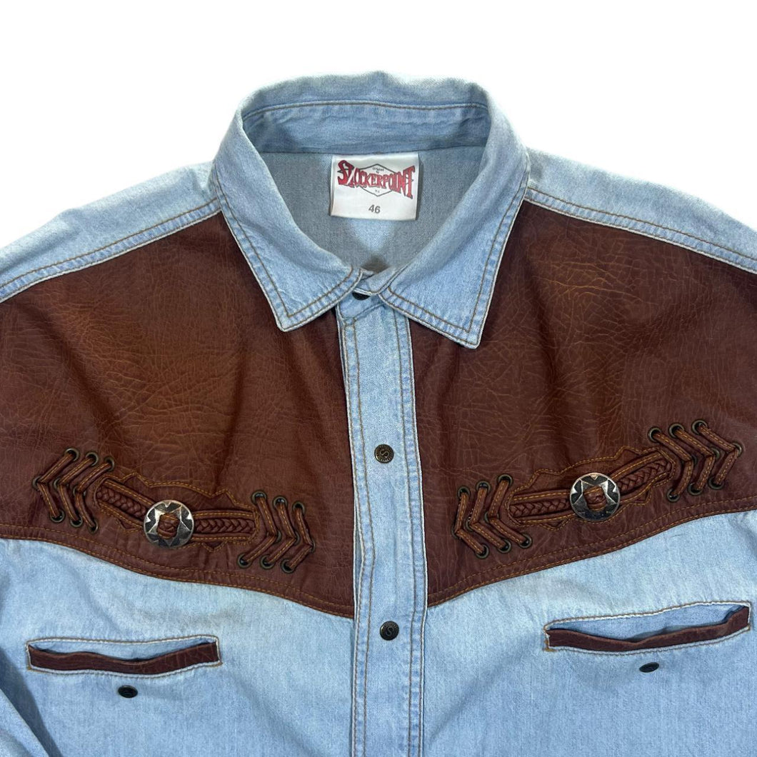 Vintage Stockerpoint Cowboy Western Leather Panel Blue Denim Long Sleeve Popper Shirt